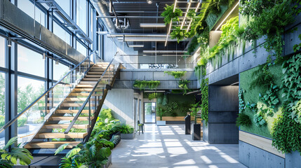 Poster - Modern Biophilic Office Interior Design with Living Green Walls, Large Windows, and Natural Light Flooding the Space 