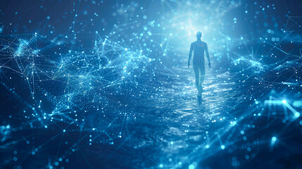 Poster - Abstract Technology Background - Digital Human Walking Towards Light Through Network of Connections - Artificial Intelligence, Metaverse, Big Data, Cloud Computing, Digital Transformation Concept