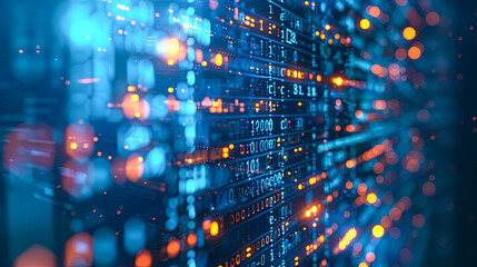 Poster - Blue and Orange Abstract Server Room Data Center Technology Background - Big Data, Cloud Computing, Artificial Intelligence, Machine Learning Concept
