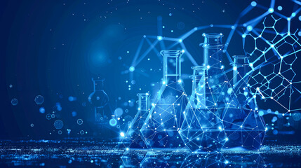 Poster - Glowing Blue Futuristic Science Laboratory With Glass Beakers and Flasks and Molecular Structure Network - Generative AI Illustration