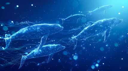 Sticker - Glowing Polygonal Dolphins Swimming in Deep Blue Ocean Digital Art Abstract Marine Life Background Wallpaper