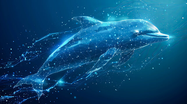 Abstract Polygon Wireframe Glowing Blue Dolphin Swimming in Ocean Depths with Copy Space Background