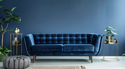 Sticker - Elegant modern living room interior design with glamour blue velvet sofa. Generative Ai