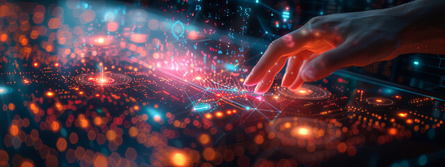 Poster - Futuristic Technology Background - Hand Interacting With Digital Interface, Big Data Analytics, and Innovation Concept  - High Tech Abstract Visualization With Glowing Lights and Network Connections 