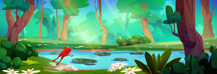 Red frog back view jump near lake in forest with green trees, bushes and grass. Cartoon vector amphibian animal character leap in woodland with greenery pond with blue water on summer or spring day.