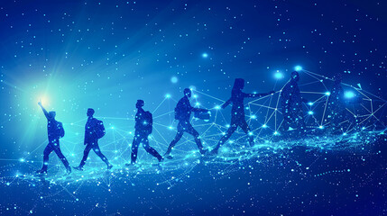 Poster - Silhouetted People Connected by Lines of Light on Blue Background - Teamwork, Technology, and Connection Concept