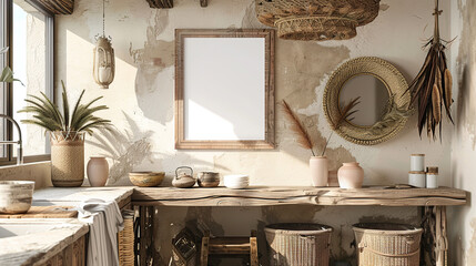 Wall Mural - Frame mockup in nomadic boho kitchen interior with rustic decor. Generative Ai