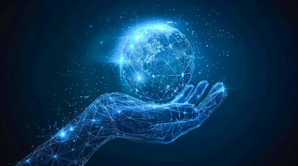 Poster - Abstract Blue Polygonal Hand Holding Glowing Earth Globe on Dark Background Global Technology Innovation Communication Network Concept 