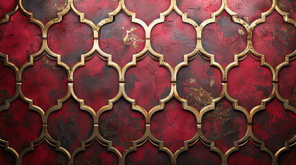 Wall Mural - Red and Gold Moroccan Quatrefoil Tile Pattern Background Texture - Luxury, Elegant, Ornament, Geometric, Islamic, Arabic, Design Element