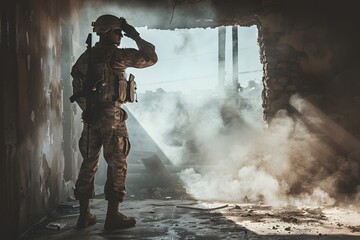 Military Soldier on Duty in Warzone Through Crumbled Building Wall, Concept of Courage and Battle Scene for War-Themed Designs