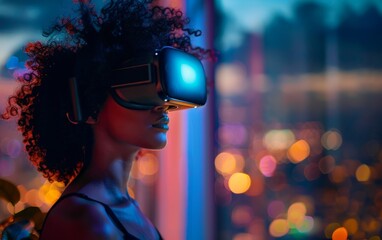 Wall Mural - A woman wearing a virtual reality headset is looking out a window at a city. The scene is set in a brightly lit room with a cityscape visible in the background