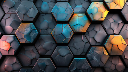 Wall Mural - Abstract, Dark, Grunge, Hexagon, Geometric Background Pattern with Blue and Orange Accents - Seamless Texture Tileable
