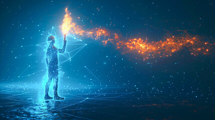 Wall Mural - digital man reaching for orange and blue plexus network connection on blue background technology abs