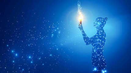 Poster - Abstract Futuristic Technology Background With Glowing Low Poly Woman Silhouette Holding Light Bulb And Connected Lines And Dots Over Blue Background With Copy Space Vector Illustration