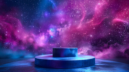 Wall Mural - empty blue podium on sci-fi planet surface with pink and purple nebula galaxy background - 3d illust