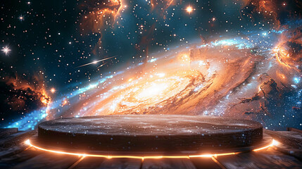 Wall Mural - empty wooden podium on a background of the universe with stars and nebulae perfect for product place