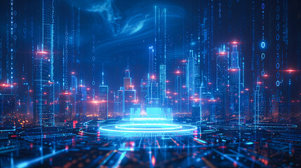Poster - Futuristic Smart City at Night with Data Flow and Neon Lights Digital Technology Concept Background