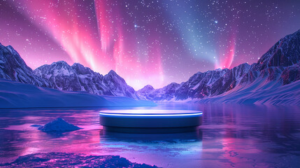 Canvas Print - Futuristic Sci-Fi Glowing Podium on Frozen Lake with Aurora Borealis Northern Lights Snow Capped Mountains Product Display Background 3D Rendering