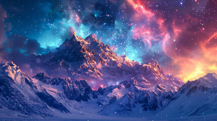 Wall Mural - majestic snow-capped mountain range under a vibrant starry night sky with aurora borealis and shooti