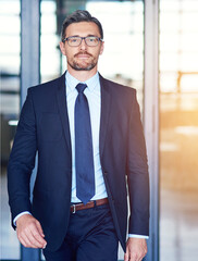 Poster - Portrait, professional and walking with lawyer man leaving office of legal firm for court or trial. Glasses, justice and suit with confident, mature attorney or legal consultant at work for law