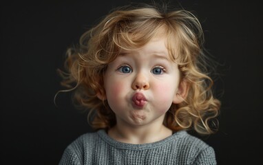 Wall Mural - A young blonde child with blue eyes is making a funny face and sticking out his tongue. The image has a playful and lighthearted mood, as the child's actions are meant to be humorous and entertaining