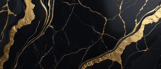 Wall Mural - A black and gold marble texture background with swirling patterns