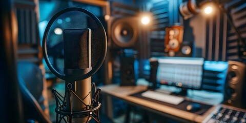 Wall Mural - Tips for female voiceover recording in a soundproof studio with equipment. Concept Mic placement, vocal warm-ups, proper breathing techniques, script prep, monitor levels