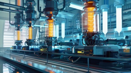Modern industrial laboratory with advanced machinery and glowing devices, showcasing cutting-edge technology and innovation.