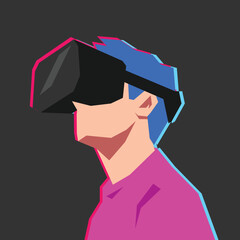Wall Mural - Portrait of young man with virtual reality headset. Concept of modern, futuristic, technology. Suitable for avatar, profile, poster, design purpose. Flat vector illustration.