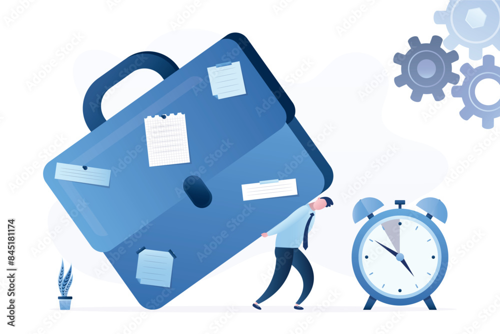 Tired manager carrying heavy briefcase with notes. Excessive workload ...