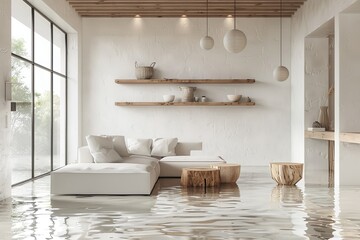 Wall Mural - A Scandinavian-designed basement flooded with clean, clear water. Light streams in through large windows