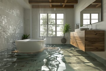 Wall Mural - Flooded Scandinavian Bathroom with Damaged Interior: A sleek, flooded Scandinavian bathroom with water partially