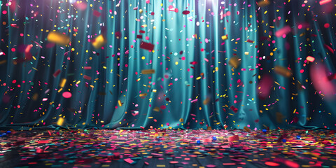 Center Stage: Spotlight on Curtain with Falling Confetti Background, Grand Celebration: Curtain Spotlight and Falling Confetti Backdrop - Ai Generated
