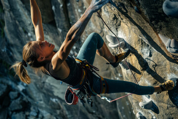 Female rock climber scaling a steep rock face, showcasing strength and determination in an outdoor setting.