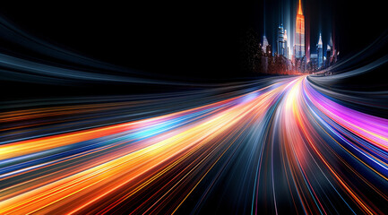 Leinwandbilder - Black background, abstract light speed, Colorful smooth lines, curves, sense of speed, radiance, technology city. Generative AI.