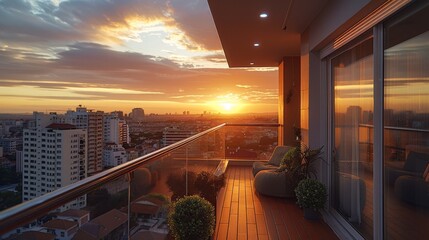 Balcony with west side view, sunset, city view. Generative AI.