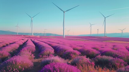 Aufkleber - Lavender and magenta field with wind turbines under a clear blue sky. Generative AI.