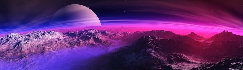 Wall Mural - Extraterrestrial landscape, alien panorama, beautiful star rising above the surface of an unearthly planet and satellite sunset, 3D rendering