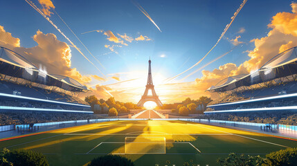 Wall Mural - illustration of Paris Stadium, The Eiffel Tower, Flat illustration, ultra wide shot, Unreal Engine, clean background trending. Generative AI.