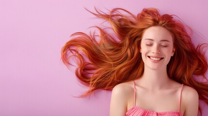 A woman with vibrant red hair is smiling happily, her long locks flowing as she revels in joy