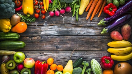 Wall Mural - Close-up of colorful fresh fruits and vegetables arranged neatly on a rustic wooden table