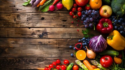 Close-up of colorful fresh fruits and vegetables arranged neatly on a rustic wooden table