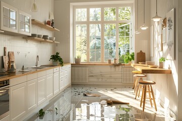 Canvas Print - Flooded Scandinavian Kitchen with Damaged Interior: A bright, flooded Scandinavian kitchen featuring clean