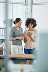 Poster - Conversation, tablet and business women in office with research for creative project in collaboration. Digital technology, plan and female copywriting team in discussion for proofreading in workplace