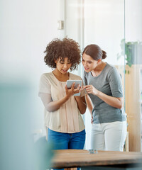 Poster - Creative women, teamwork and planning on tablet in office with online research and collaboration in public relations. Digital or media interns typing and reading news on website at startup business