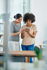 Poster - Communication, tablet and business women in office with research for creative project in collaboration. Digital technology, plan and copywriting team in conversation for proofreading in workplace.