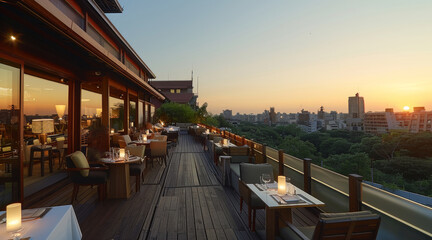 Poster - The roof terrace of the hotel with view of the city. restaurant. Generative AI.