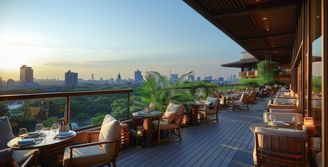 Poster - The roof terrace of the hotel with view of the city. restaurant. Generative AI.