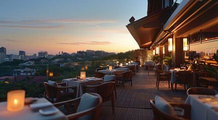 Poster - The roof terrace of the hotel with view of the city. restaurant. Generative AI.