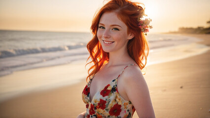 A beautiful redhead girl smiling on a beach, captured in a portrait. The evening sunlight casts a warm glow on her face, highlighting her vibrant red hair. She is wearing a flowery gown